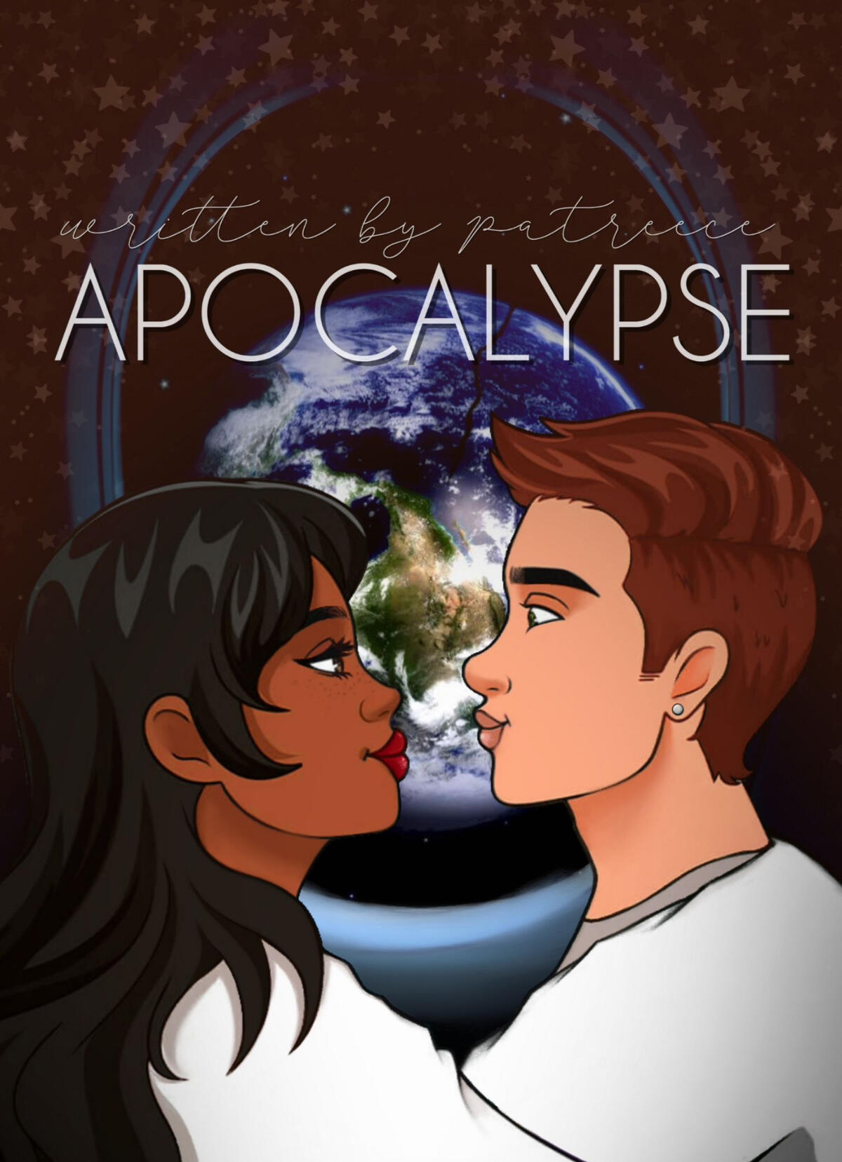 a man and woman lock eyes, almost kissing. behind them is a window and outside of it is the earth, cracks beginning to form.